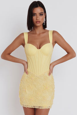 Light Yellow Floral Beaded Corset Tight Short Homecoming Dress