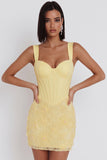Light Yellow Floral Beaded Corset Tight Short Homecoming Dress