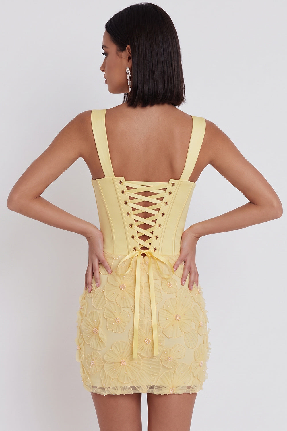 Light Yellow Floral Beaded Corset Tight Short Homecoming Dress