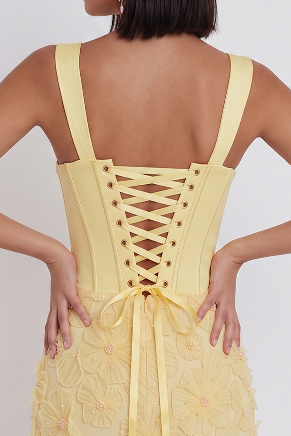 Light Yellow Floral Beaded Corset Tight Short Homecoming Dress