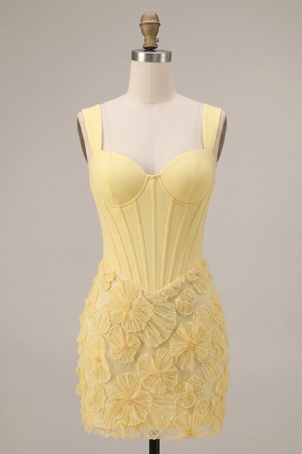 Light Yellow Floral Beaded Corset Tight Short Homecoming Dress