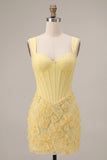 Light Yellow Floral Beaded Corset Tight Short Homecoming Dress