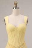 Light Yellow Floral Beaded Corset Tight Short Homecoming Dress
