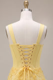 Light Yellow Floral Beaded Corset Tight Short Homecoming Dress