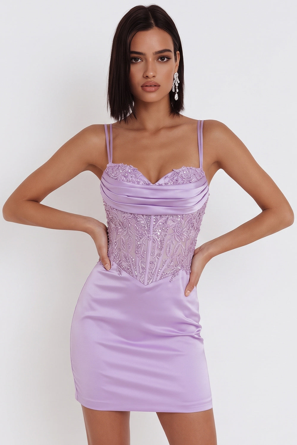 Lilac Corset Appliqued Satin Tight Ruched Short Homecoming Dress with Sequins