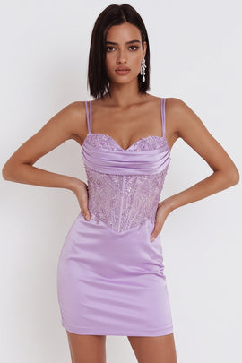 Lilac Corset Appliqued Satin Tight Ruched Short Homecoming Dress with Sequins