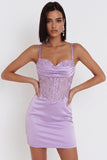 Lilac Corset Appliqued Satin Tight Ruched Short Homecoming Dress with Sequins