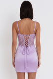 Lilac Corset Appliqued Satin Tight Ruched Short Homecoming Dress with Sequins
