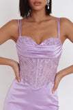 Lilac Corset Appliqued Satin Tight Ruched Short Homecoming Dress with Sequins