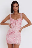 Pink Tight Floral Sparkly Sequin Short Homecoming Dress with Bow