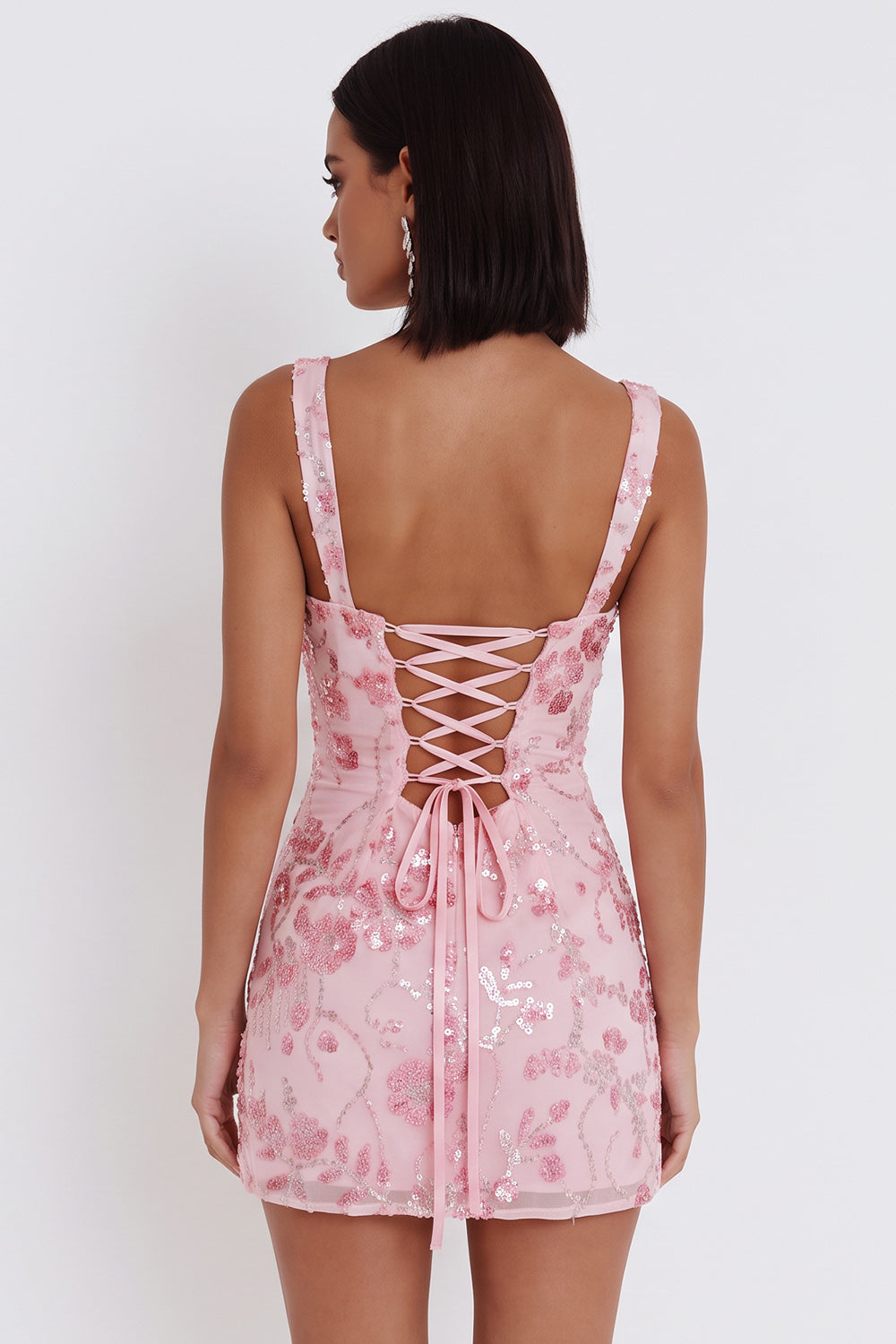 Pink Tight Floral Sparkly Sequin Short Homecoming Dress with Bow
