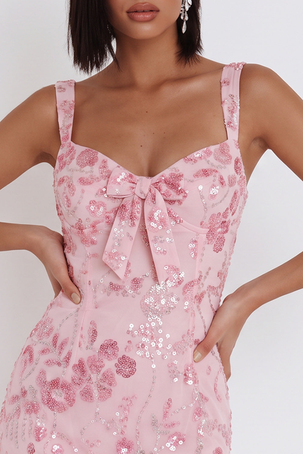 Pink Tight Floral Sparkly Sequin Short Homecoming Dress with Bow