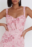 Pink Tight Floral Sparkly Sequin Short Homecoming Dress with Bow
