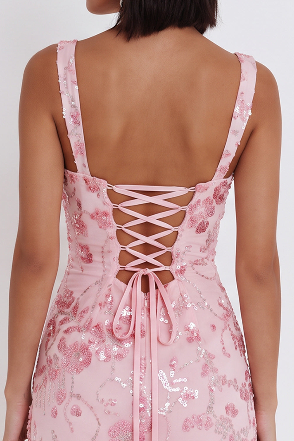 Pink Tight Floral Sparkly Sequin Short Homecoming Dress with Bow