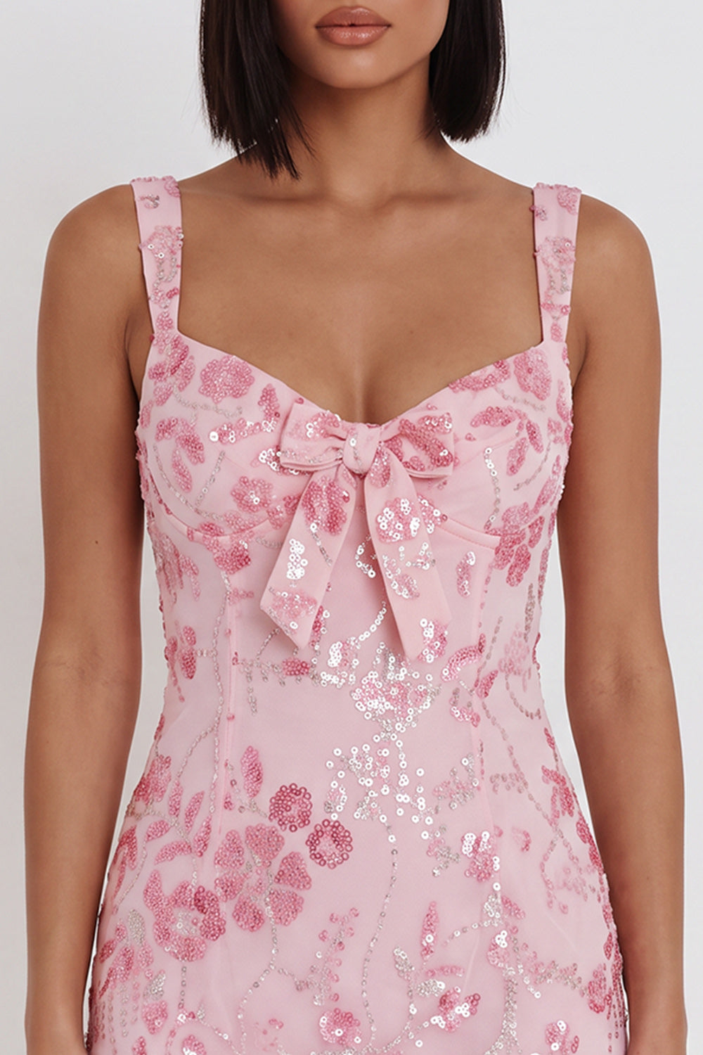 Pink Tight Floral Sparkly Sequin Short Homecoming Dress with Bow