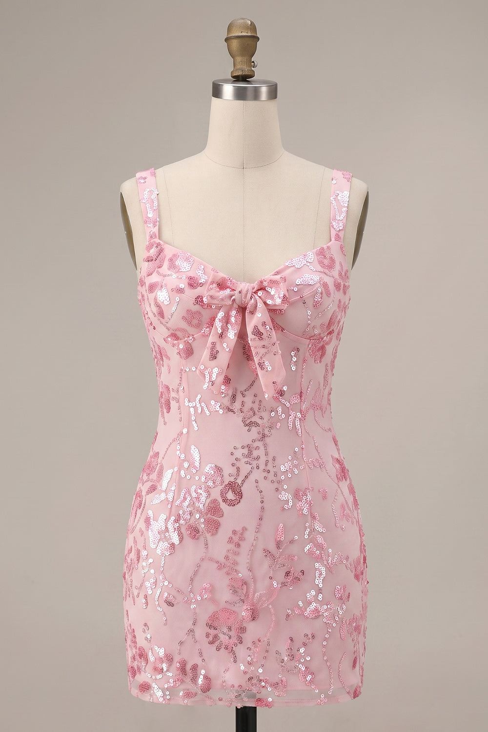 Pink Tight Floral Sparkly Sequin Short Homecoming Dress with Bow