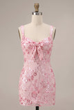 Pink Tight Floral Sparkly Sequin Short Homecoming Dress with Bow