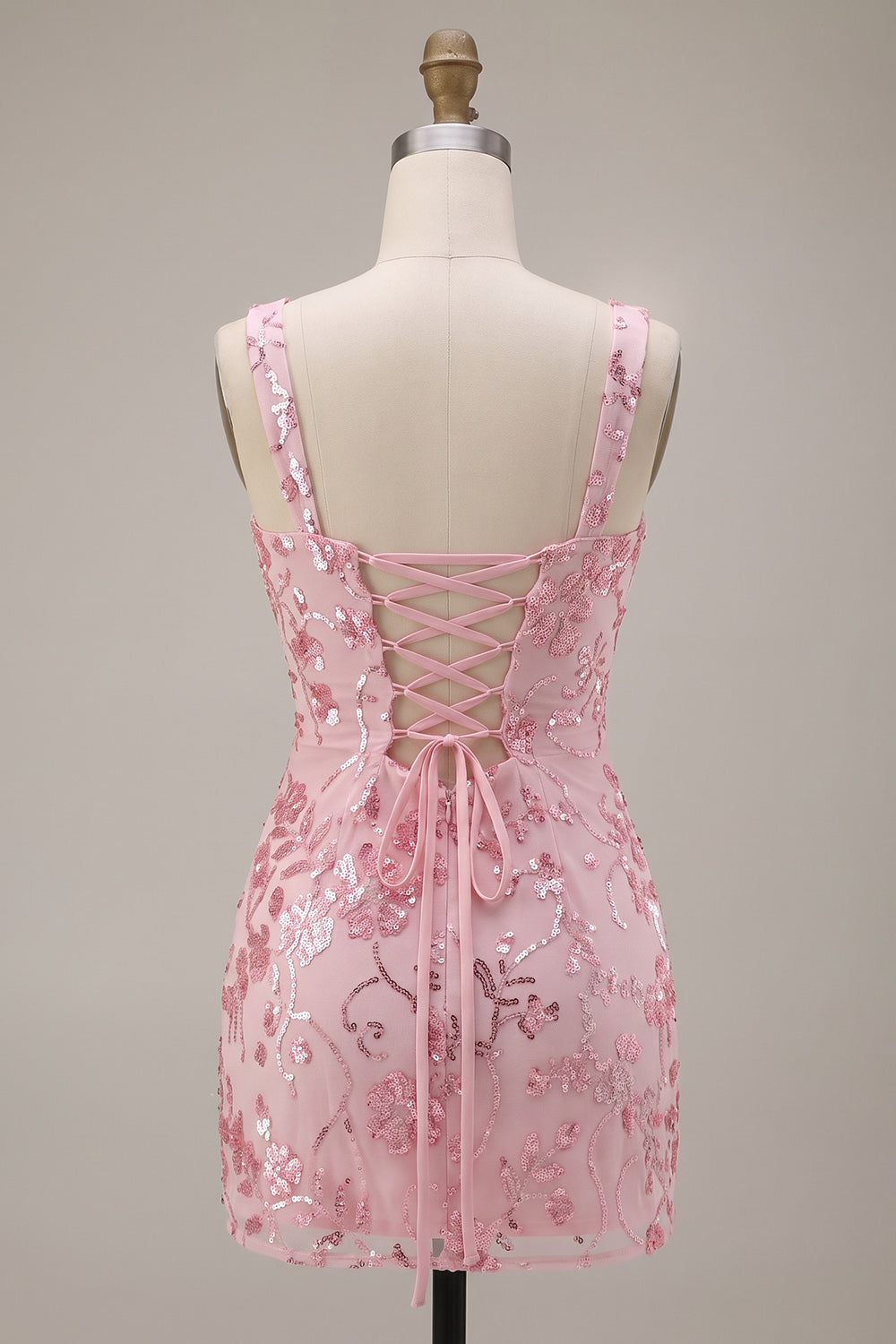 Pink Tight Floral Sparkly Sequin Short Homecoming Dress with Bow