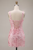 Pink Tight Floral Sparkly Sequin Short Homecoming Dress with Bow