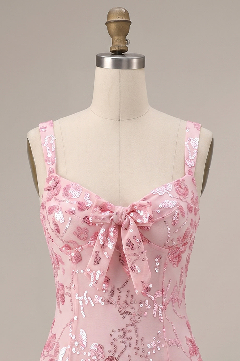 Pink Tight Floral Sparkly Sequin Short Homecoming Dress with Bow
