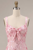 Pink Tight Floral Sparkly Sequin Short Homecoming Dress with Bow