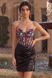 Sparkly Black Corset Floral Satin Tight Ruched Short Homecoming Dress with Slit