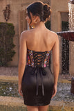Sparkly Black Corset Floral Satin Tight Ruched Short Homecoming Dress with Slit