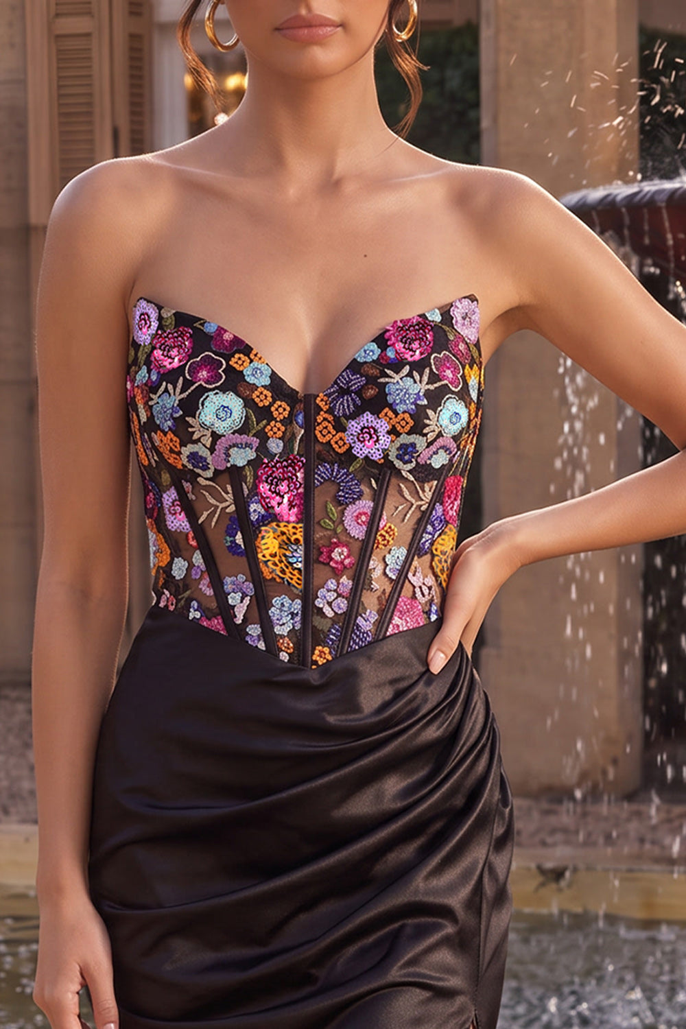 Sparkly Black Corset Floral Satin Tight Ruched Short Homecoming Dress with Slit