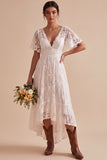 White Lace A Line High-Low Western Wedding Dress with Sleeves