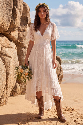 White Lace A Line High-Low Western Wedding Dress with Sleeves