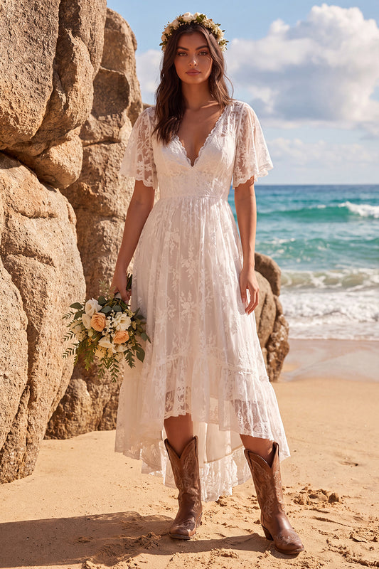 White Lace A Line High-Low Western Wedding Dress with Sleeves