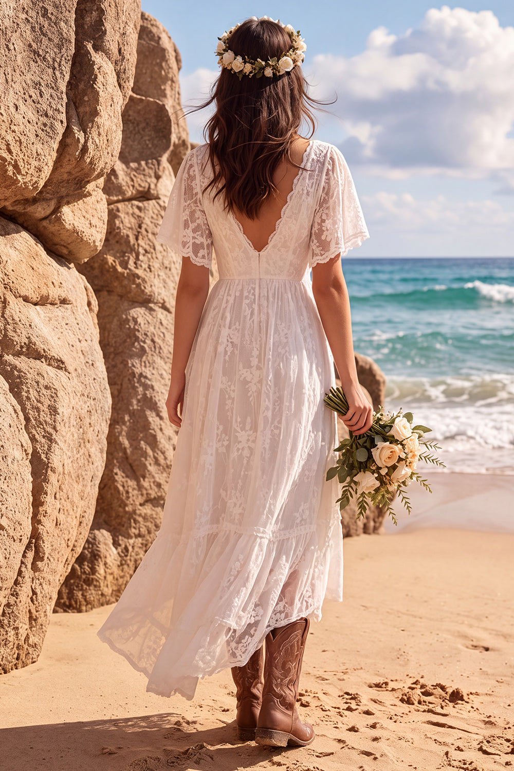 White Lace A Line High-Low Western Wedding Dress with Sleeves