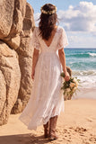 White Lace A Line High-Low Western Wedding Dress with Sleeves