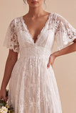 White Lace A Line High-Low Western Wedding Dress with Sleeves