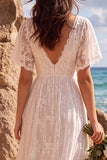 White Lace A Line High-Low Western Wedding Dress with Sleeves