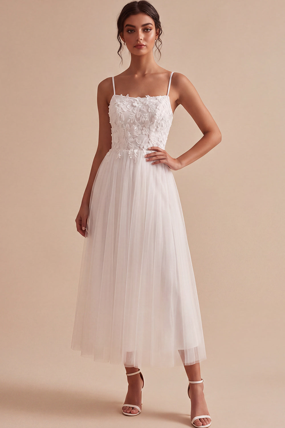 White Floral A-Line Spaghetti Straps Maxi Beach Wedding Dress