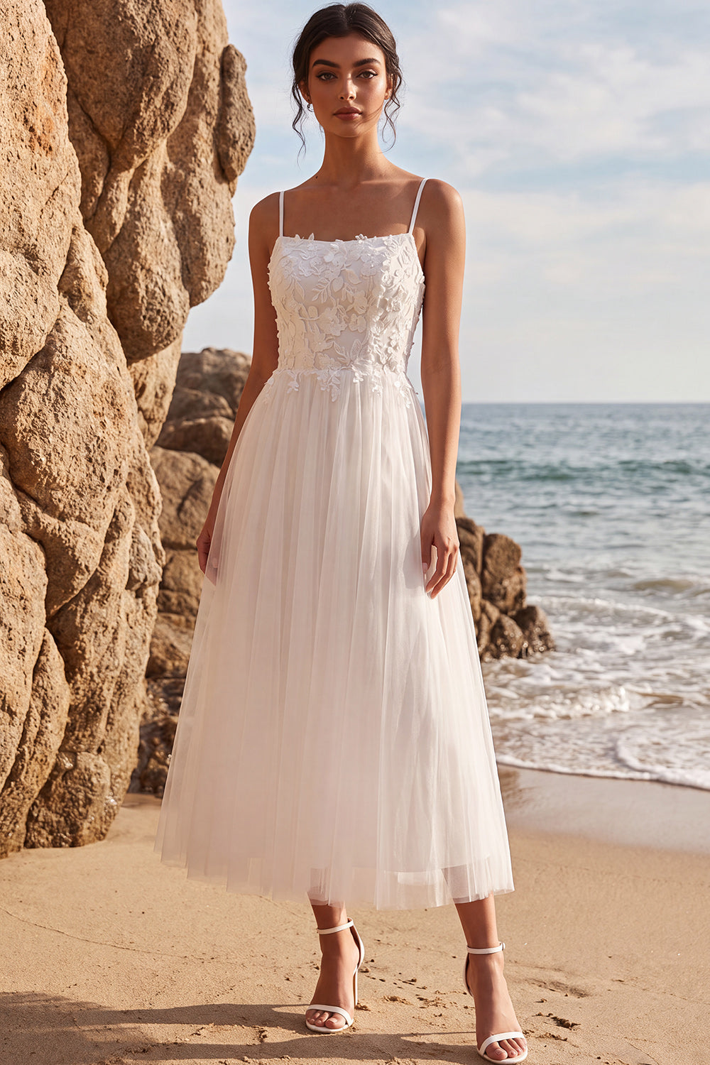 White Floral A-Line Spaghetti Straps Maxi Beach Wedding Dress