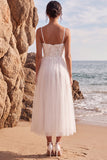 White Floral A-Line Spaghetti Straps Maxi Beach Wedding Dress