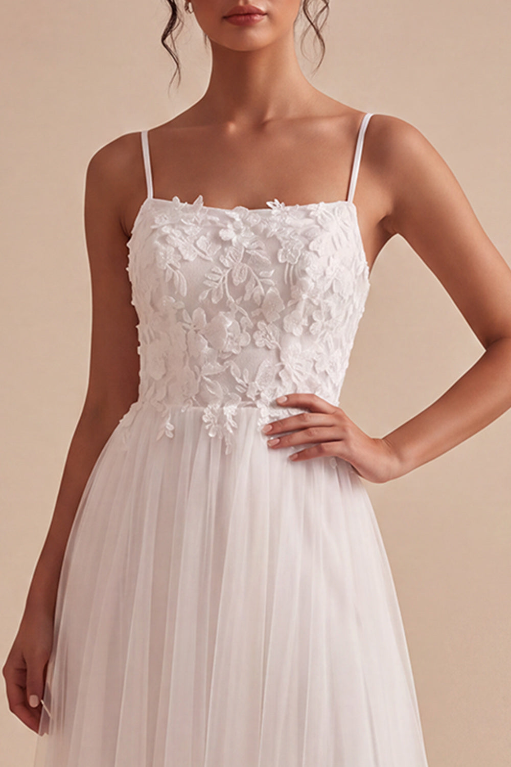 White Floral A-Line Spaghetti Straps Maxi Beach Wedding Dress