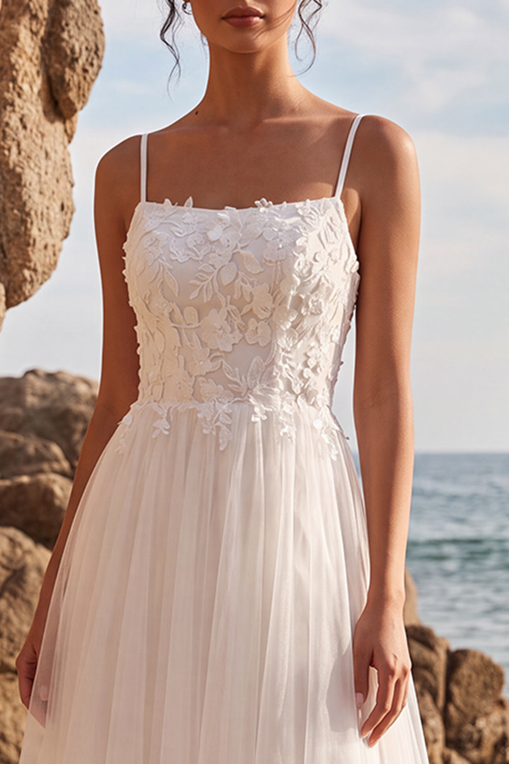 White Floral A-Line Spaghetti Straps Maxi Beach Wedding Dress