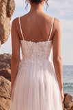 White Floral A-Line Spaghetti Straps Maxi Beach Wedding Dress