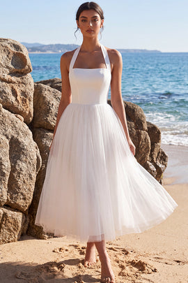 White Tulle A-Line Halter Maxi Beach Wedding Dress