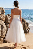 White Tulle A-Line Halter Maxi Beach Wedding Dress