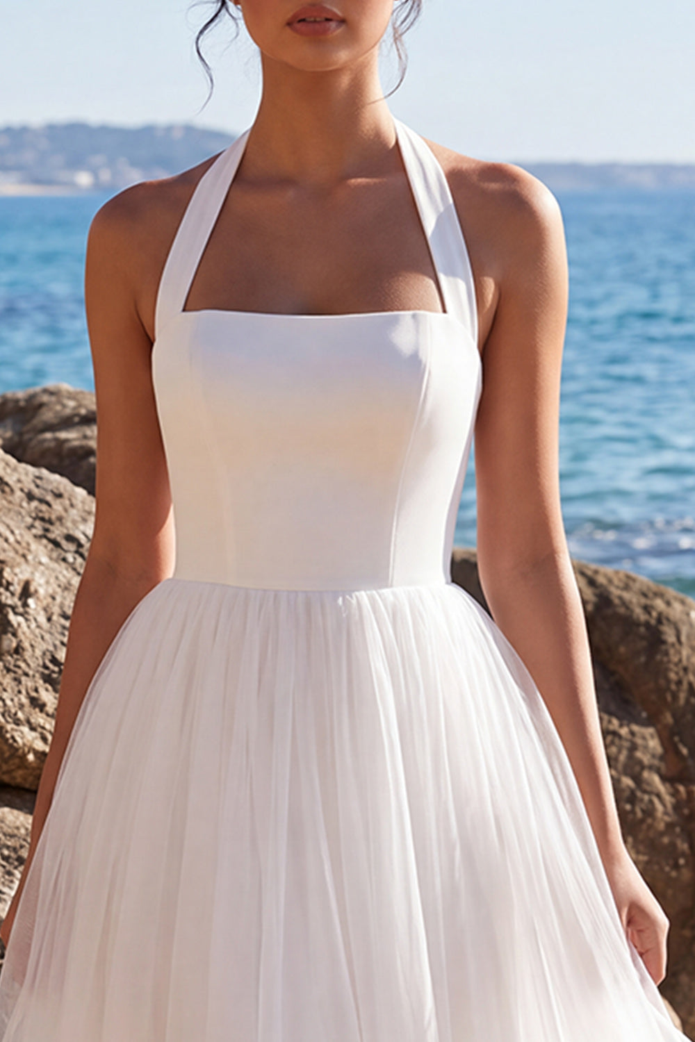 White Tulle A-Line Halter Maxi Beach Wedding Dress
