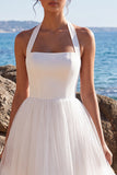 White Tulle A-Line Halter Maxi Beach Wedding Dress