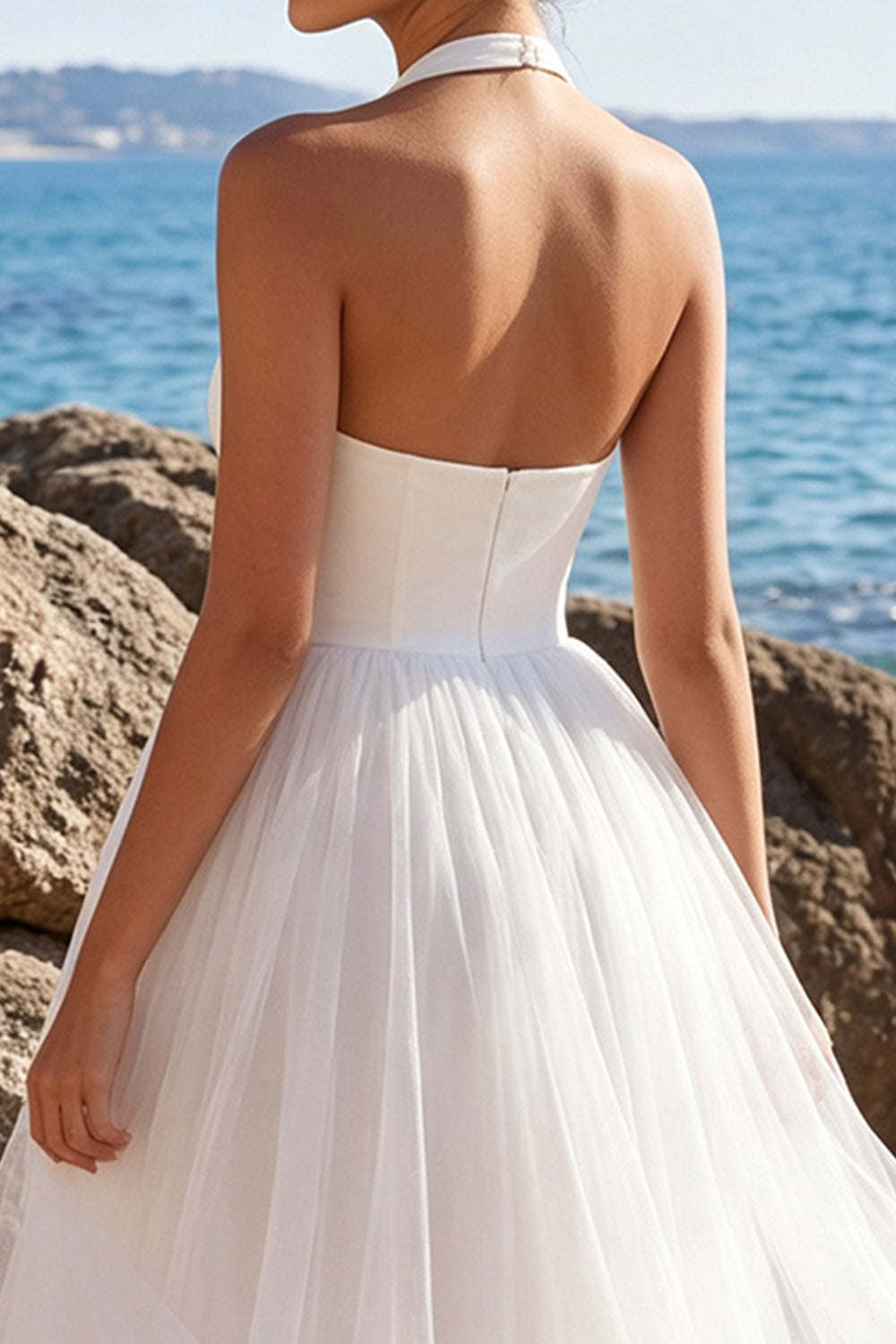 White Tulle A-Line Halter Maxi Beach Wedding Dress