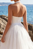 White Tulle A-Line Halter Maxi Beach Wedding Dress