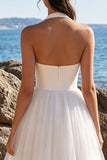 White Tulle A-Line Halter Maxi Beach Wedding Dress