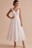 White Lace A-Line V-Neck Maxi Boho Wedding Dress