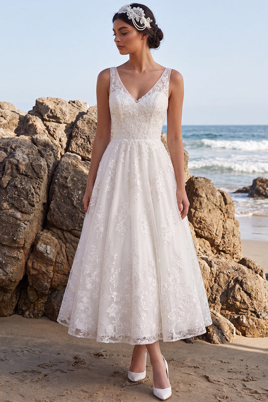 White Lace A-Line V-Neck Maxi Boho Wedding Dress